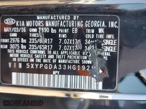 2017 Kia Sorento LX with VIN 5XYPGDA33HG192983, listed as a Copart auction lot 61721335 with 115,758 mi miles and Salvage title. Bid and sale history available at DreamBid. Image 13.