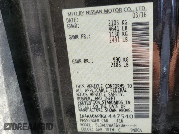 2016 Nissan Maxima SR with VIN 1N4AA6AP9GC447540, listed as a Copart auction lot 60861815 with 127,420 mi miles and Salvage title. Bid and sale history available at DreamBid. Image 13.