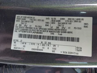 2020 Ford F-150 XL with VIN 1FTEW1C57LKF46093, listed as a IAAI auction lot 41807373 with 252,453 mi miles and . Bid and sale history available at DreamBid. Image 9.