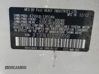 2013 Subaru Impreza Special Sports Premium with VIN JF1GPAL61D2827098, listed as a Copart auction lot 62030425 with 161,116 mi miles and Salvage title. Bid and sale history available at DreamBid. Image 12.
