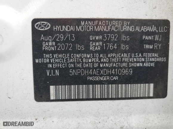 2013 Hyundai Elantra GLS with VIN 5NPDH4AEXDH410969, listed as a Copart auction lot 53023325 with 105,032 mi miles and Salvage Title. Bid and sale history available at carsss.com. Image 13.