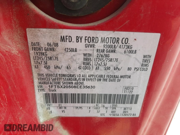 2008 Ford F-250 XL with VIN 1FTSX20508EE35630, listed as a Copart auction lot 53877234 with 117,312 mi miles and Clean title. Bid and sale history available at DreamBid. Image 12.