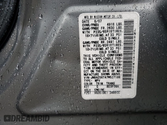 2007 Nissan Murano SL с VIN JN8AZ08T47W527186, выставлен на аукционе Copart как лот 55941295 с пробегом 117 495 миль миль и Списание • Salvage title. История ставок и продаж доступна на DreamBid. Изображение 13.
