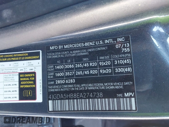 2014 Mercedes-Benz M 350 with VIN 4JGDA5HB8EA274738, listed as a IAAI auction lot 41429063 with Not Provided miles and . Bid and sale history available at carsss.com. Image 9.