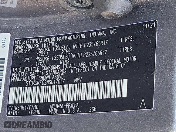 2022 Toyota Sienna LE с VIN 5TDKSKFC2NS047017, выставлен на аукционе IAAI как лот 42501101 с пробегом 155 942 миль миль и . История ставок и продаж доступна на DreamBid. Изображение 19.