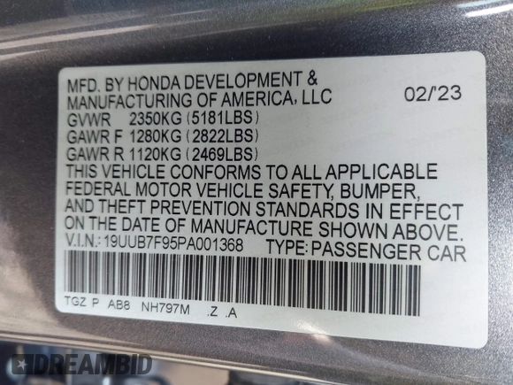 2023 Acura TLX Type S with VIN 19UUB7F95PA001368, listed as a IAAI auction lot 42119669 with 5,889 mi miles and . Bid and sale history available at DreamBid. Image 9.