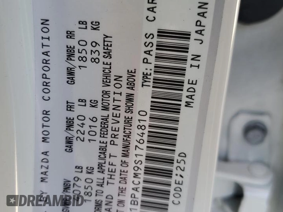 2025 Mazda 3 S Preferred with VIN JM1BPACM9S1764810, listed as a Copart auction lot 55268805 with Not provided miles and Salvage title. Bid and sale history available at DreamBid. Image 12.