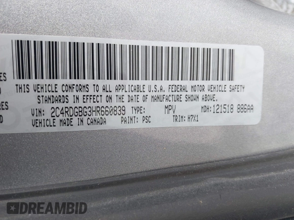 2017 Dodge Grand Caravan SE with VIN 2C4RDGBG3HR660839, listed as a IAAI auction lot 42003578 with Not Provided miles and . Bid and sale history available at DreamBid. Image 9.