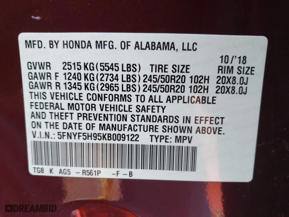 2019 Honda Pilot Touring 8-Passenger with VIN 5FNYF5H95KB009122, listed as a IAAI auction lot 41573338 with 85,845 mi miles. Bid and sale history available at carsss.com. Image 9.