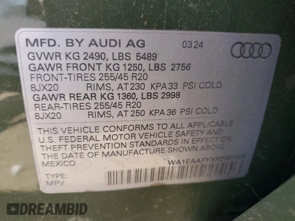 2024 Audi Q5 S line Premium Plus with VIN WA1EAAFYXR2081025, listed as a Copart auction lot 66058324 with 0 mi miles and Salvage Title. Bid and sale history available at carsss.com. Image 12.