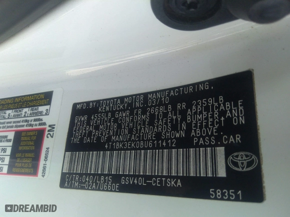 2011 Toyota Camry LE with VIN 4T1BK3EK0BU611412, listed as a IAAI auction lot 41596045 with 289,906 mi miles. Bid and sale history available at carsss.com. Image 9.