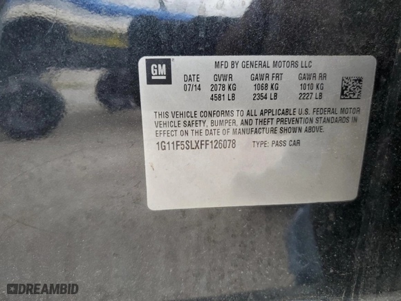 2015 Chevrolet Malibu LTZ with VIN 1G11F5SLXFF126078, listed as a Copart auction lot 49333735 with 166,363 mi miles and Salvage Title. Bid and sale history available at carsss.com. Image 14.