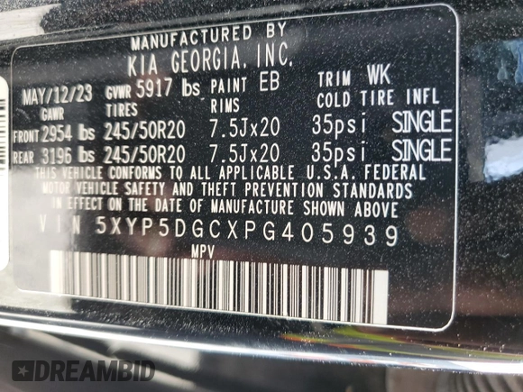 2023 Kia Telluride SX Prestige X-Line with VIN 5XYP5DGCXPG405939, listed as a Copart auction lot 65636844 with 4,598 mi miles and Salvage title. Bid and sale history available at DreamBid. Image 15.