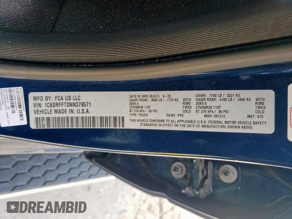 2022 Ram 1500 Big Horn z VIN 1C6SRFFT0NN379571, wystawiony jako Copart lot #57670985 z przebiegiem 38 874 mil mil oraz Szkoda całkowita • Salvage title. Historia ofert i sprzedaży dostępna na DreamBid. Obrazek 13.