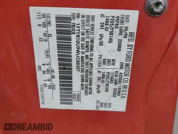 1998 Ford Ranger XL с VIN 1FTYR10U9WUC88507, выставлен на аукционе Copart как лот 57743695 с пробегом 132 766 миль миль и Чистый • Clean title. История ставок и продаж доступна на DreamBid. Изображение 12.