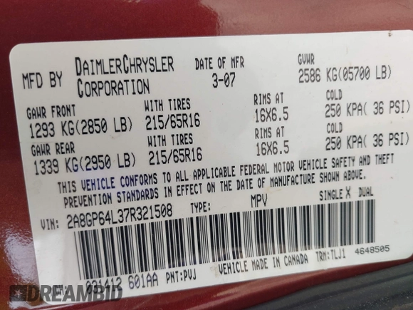 2007 Chrysler Town & Country Limited with VIN 2A8GP64L37R321508, listed as a IAAI auction lot 42058562 with 170,389 mi miles and . Bid and sale history available at DreamBid. Image 9.
