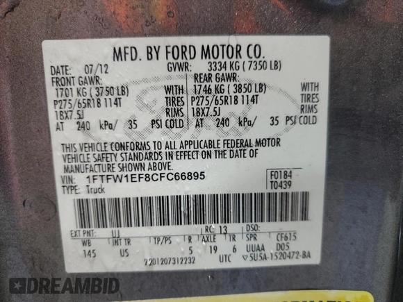 2012 Ford F-150 XL with VIN 1FTFW1EF8CFC66895, listed as a Copart auction lot 53813305 with 97,730 mi miles and Salvage Title. Bid and sale history available at carsss.com. Image 12.