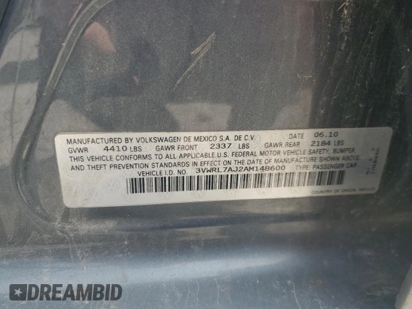 2010 Volkswagen Jetta TDI z VIN 3VWRL7AJ2AM148600, wystawiony jako Copart lot #51694565 z przebiegiem 342 094 mil mil oraz Szkoda całkowita • Salvage title. Historia ofert i sprzedaży dostępna na DreamBid. Obrazek 13.