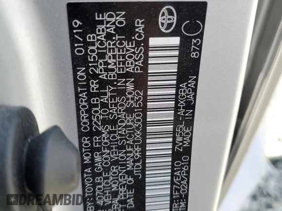 2019 Toyota Prius LE with VIN JTDL9RFUXK3001532, listed as a Copart auction lot 55640085 with 114,477 mi miles and Salvage title. Bid and sale history available at DreamBid. Image 12.