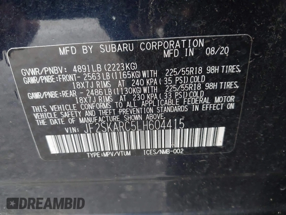 2020 Subaru Forester Special Sports with VIN JF2SKARC5LH604415, listed as a IAAI auction lot 42490314 with 124,959 mi miles and . Bid and sale history available at DreamBid. Image 9.