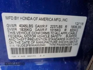2019 Acura ILX w/Premium/A-Spec Pkg with VIN 19UDE2F81KA002043, listed as a Copart auction lot 72591162 with 83,842 mi miles. Bid and sale history available at carsss.com. Image 15.