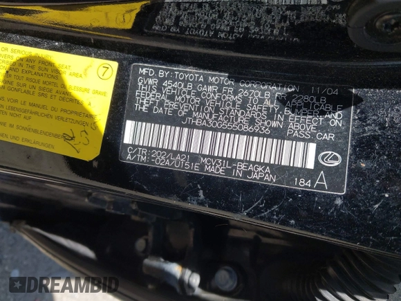 2005 Lexus ES 350 with VIN JTHBA30G555086936, listed as a IAAI auction lot 42572495 with Not provided miles and . Bid and sale history available at DreamBid. Image 9.