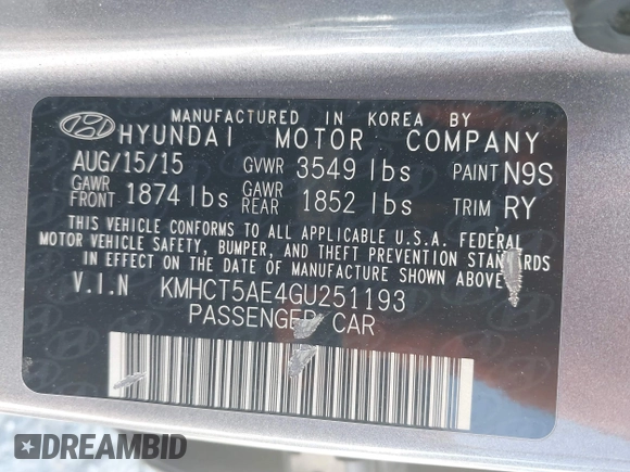 2016 Hyundai Accent SE with VIN KMHCT5AE4GU251193, listed as a IAAI auction lot 42087776 with 188,309 mi miles. Bid and sale history available at carsss.com. Image 9.