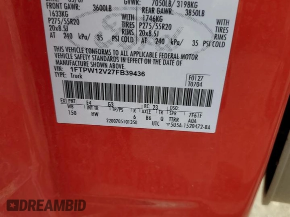2007 Ford F-150 XLT z VIN 1FTPW12V27FB39436, wystawiony jako Copart lot #39191654 z przebiegiem 218 999 mil mil oraz Szkoda całkowita • Salvage title. Historia ofert i sprzedaży dostępna na DreamBid. Obrazek 12.
