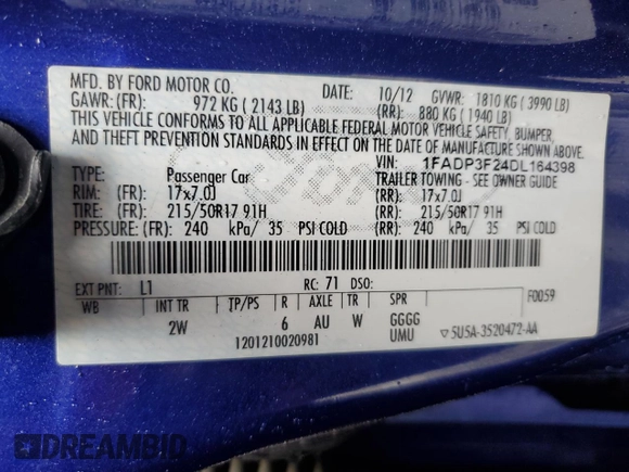 2013 Ford Focus SE with VIN 1FADP3F24DL164398, listed as a Copart auction lot 54579505 with 157,880 mi miles and Salvage title. Bid and sale history available at DreamBid. Image 12.