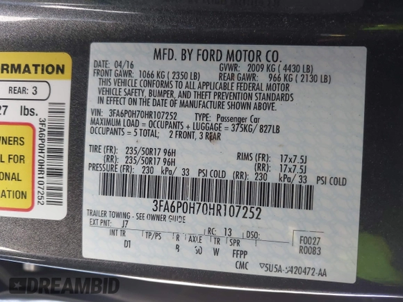 2017 Ford Fusion SE with VIN 3FA6P0H70HR107252, listed as a IAAI auction lot 42041332 with 121,255 mi miles. Bid and sale history available at carsss.com. Image 9.