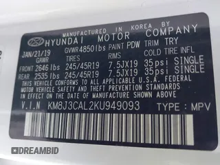 2019 Hyundai Tucson Ultimate with VIN KM8J3CAL2KU949093, listed as a IAAI auction lot 41446521 with 58,446 mi miles. Bid and sale history available at carsss.com. Image 9.