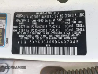 2013 Kia Sorento EX with VIN 5XYKUCA65DG407345, listed as a IAAI auction lot 41653071 with 169,208 mi miles. Bid and sale history available at carsss.com. Image 9.