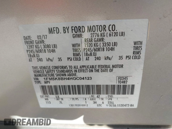 2017 Ford Explorer with VIN 1FM5K8BH4HGC04123, listed as a IAAI auction lot 41746827 with 149,883 mi miles and . Bid and sale history available at DreamBid. Image 9.