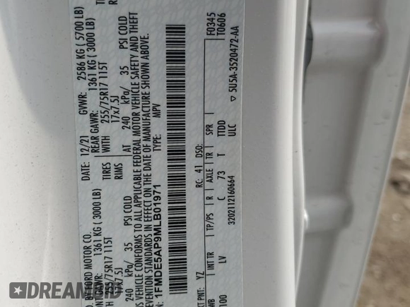 2021 Ford Bronco z VIN 1FMDE5AP9MLB01971, wystawiony jako Copart lot #60787155 z przebiegiem 35 097 mil mil oraz Szkoda całkowita • Salvage title. Historia ofert i sprzedaży dostępna na DreamBid. Obrazek 14.