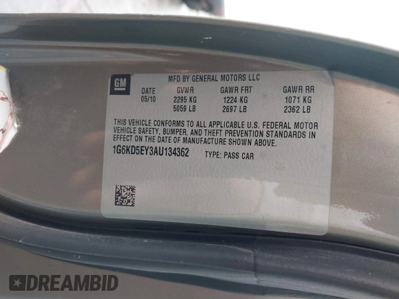 2010 Cadillac DTS 1SC z VIN 1G6KD5EY3AU134362, wystawiony jako IAAI lot #41579786 z przebiegiem 131 969 mil mil oraz . Historia ofert i sprzedaży dostępna na DreamBid. Obrazek 9.