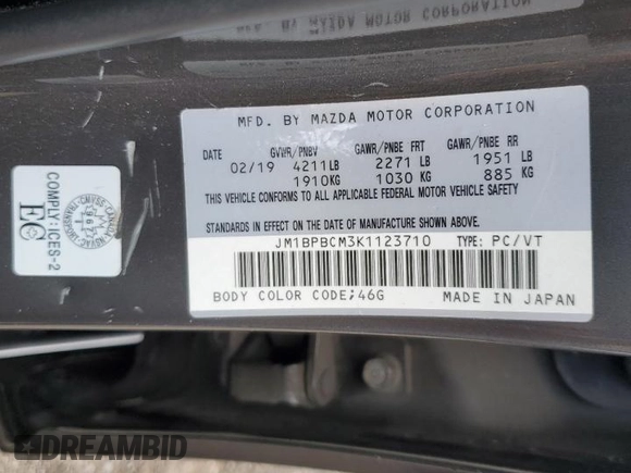 2019 Mazda 3 S Carbon Edition with VIN JM1BPBCM3K1123710, listed as a Copart auction lot 63765644 with 137,243 mi miles and Salvage title. Bid and sale history available at DreamBid. Image 12.
