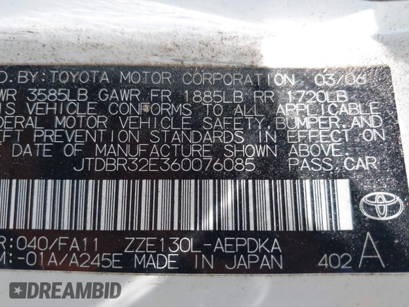 2006 Toyota Corolla CE with VIN JTDBR32E360076085, listed as a IAAI auction lot 42557515 with 126,803 mi miles and . Bid and sale history available at DreamBid. Image 9.