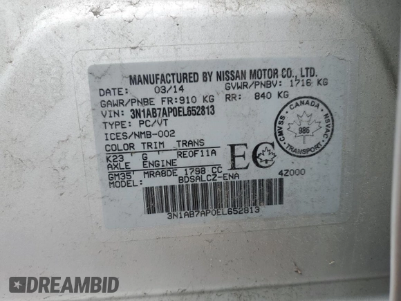 2014 Nissan Sentra SR z VIN 3N1AB7AP0EL652813, wystawiony jako Copart lot #58897925 z przebiegiem 130 710 mil mil oraz Czysty tytuł • Clean title. Historia ofert i sprzedaży dostępna na DreamBid. Obrazek 12.