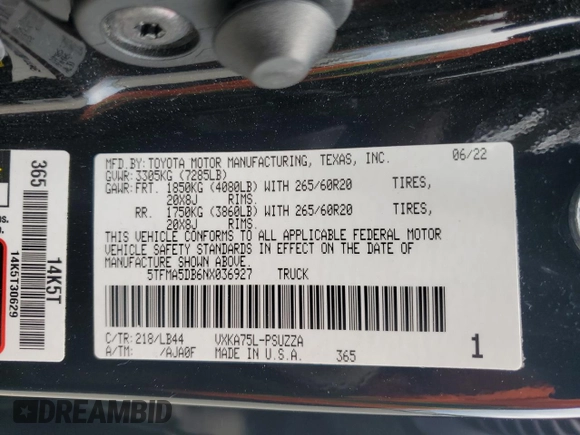 2022 Toyota Tundra 1794 Edition with VIN 5TFMA5DB6NX036927, listed as a Copart auction lot 56486805 with 67,634 mi miles and Salvage title. Bid and sale history available at DreamBid. Image 13.