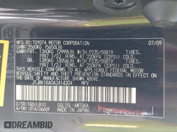 2010 Lexus RX 350 with VIN JTJBK1BA0A2414204, listed as a IAAI auction lot 42574964 with 200,686 mi miles and . Bid and sale history available at DreamBid. Image 9.