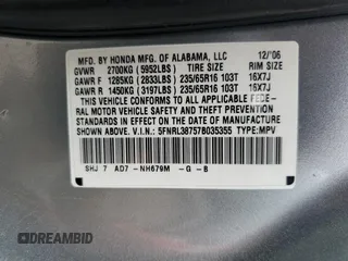 2007 Honda Odyssey EX-L with VIN 5FNRL38757B035355, listed as a Copart auction lot 50515835 with 256,009 mi miles and Non Repairable. Bid and sale history available at DreamBid. Image 13.