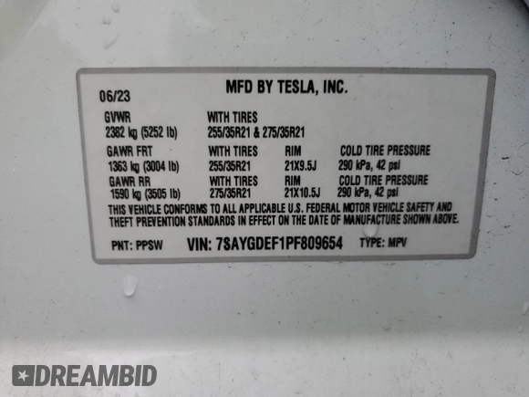 2023 Tesla Model Y Performance with VIN 7SAYGDEF1PF809654, listed as a Copart auction lot 43981915 with 16,401 mi miles and Salvage Title. Bid and sale history available at DreamBid. Image 13.
