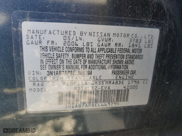 2014 Nissan Sentra S with VIN 3N1AB7AP8EL669794, listed as a Copart auction lot 46884775 with 188,491 mi miles and Salvage Title. Bid and sale history available at carsss.com. Image 14.