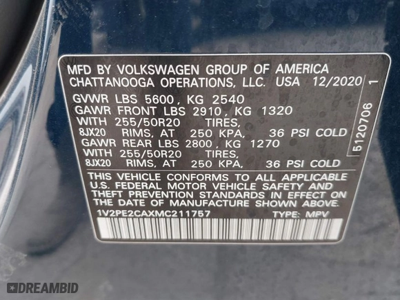 2021 Volkswagen Atlas Cross Sport 3.6L V6 SE w/Technology R-Line with VIN 1V2PE2CAXMC211757, listed as a IAAI auction lot 41566573 with 51,119 mi miles. Bid and sale history available at carsss.com. Image 9.