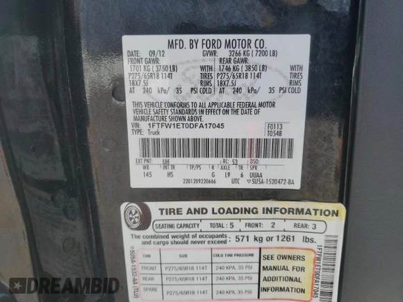 2013 Ford F-150 XL with VIN 1FTFW1ET0DFA17045, listed as a Copart auction lot 51125065 with 194,021 mi miles and Salvage Title. Bid and sale history available at carsss.com. Image 13.