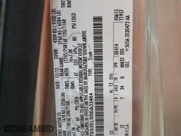 2013 Ford Econoline Cargo Commercial with VIN 1FTSS3EL5DDA33484, listed as a Copart auction lot 57722635 with 297,943 mi miles and Salvage title. Bid and sale history available at DreamBid. Image 14.