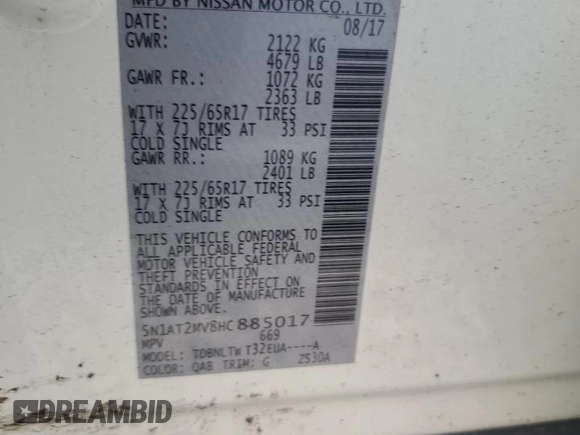 2017 Nissan Rogue SL with VIN 5N1AT2MV8HC885017, listed as a Copart auction lot 59888725 with Not provided miles and Salvage title. Bid and sale history available at DreamBid. Image 13.