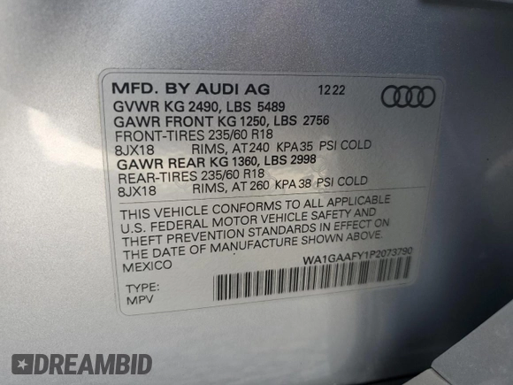 2023 Audi Q5 S line Premium with VIN WA1GAAFY1P2073790, listed as a Copart auction lot 86137274 with 31,165 mi miles and Salvage Title. Bid and sale history available at carsss.com. Image 14.