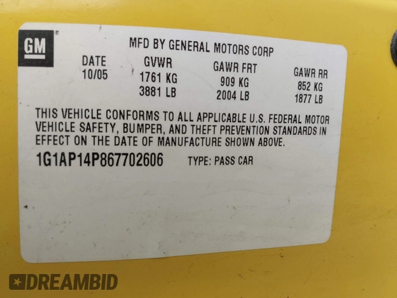 2006 Chevrolet Cobalt with VIN 1G1AP14P867702606, listed as a IAAI auction lot 41920504 with 170,107 mi miles and . Bid and sale history available at DreamBid. Image 9.