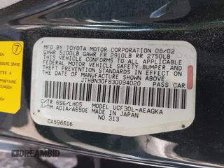 2003 Lexus LS 430 z VIN JTHBN30F830094020, wystawiony jako IAAI lot #42323579 z przebiegiem Nie podano mil oraz . Historia ofert i sprzedaży dostępna na DreamBid. Obrazek 9.